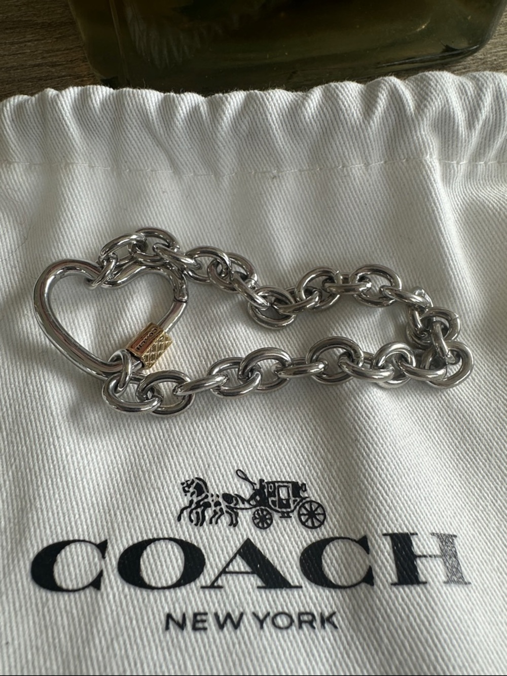 COACH Silver Heart Link Bracelet 7” with Gold Screw Clasp